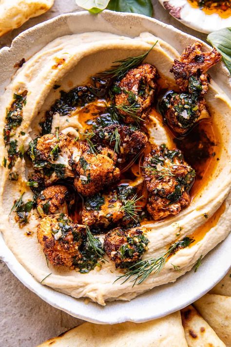 Crispy Roasted Cauliflower, Roasted Cauliflower Hummus, Cauliflower Hummus, Half Baked Harvest Recipes, Harvest Recipes, Half Baked, Half Baked Harvest, Hummus Recipe, Think Food