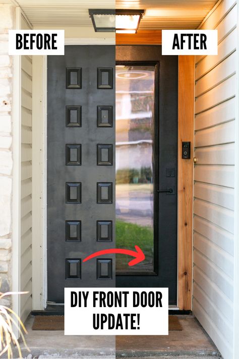 Learn how to change out your old front door yourself for instant curb appeal! Full video tutorial available. Front Door Remodel Diy, Front Door Transformation Diy, Front Door Redo Diy, Add Glass To Front Door, Front Door Replacement Ideas, Diy Modern Front Door, Remodel Front Door, Front Door Diy Makeover, Upgrade Front Door