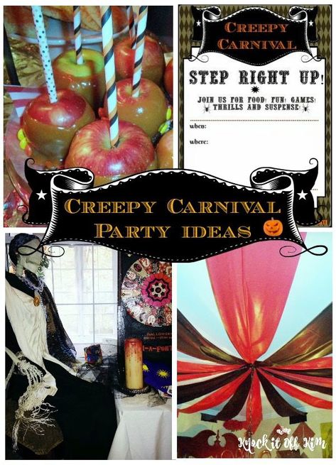 Creepy Carnival Family Halloween Party Tips, tricks and inspiration Carnival Creepy, Adult Halloween Party Food, Scary Carnival, Haunted Carnival, Creepy Circus, Family Halloween Party, Carnival Invitations, Creepy Carnival, Halloween Circus