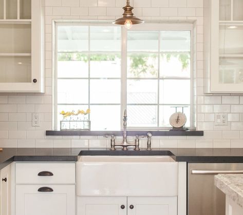 Where to stop backsplash on window? Window Over Sink, Ledge Decor, Kitchen Sink Window, Trendy Farmhouse Kitchen, Kitchen Window Sill, Subway Tile Kitchen, White Subway Tile, Subway Tiles, Farmhouse Sink Kitchen