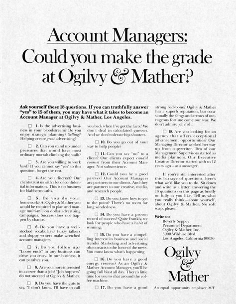 Account Managers: Could you make the grade at Ogilvy & Mather? #OgilvyArchive Copywriting Advertising, Manifesto Design, Copywriting Inspiration, David Ogilvy, Ogilvy Mather, Copy Ads, Advertising Quotes, Advertising Methods, Marketing Copywriting