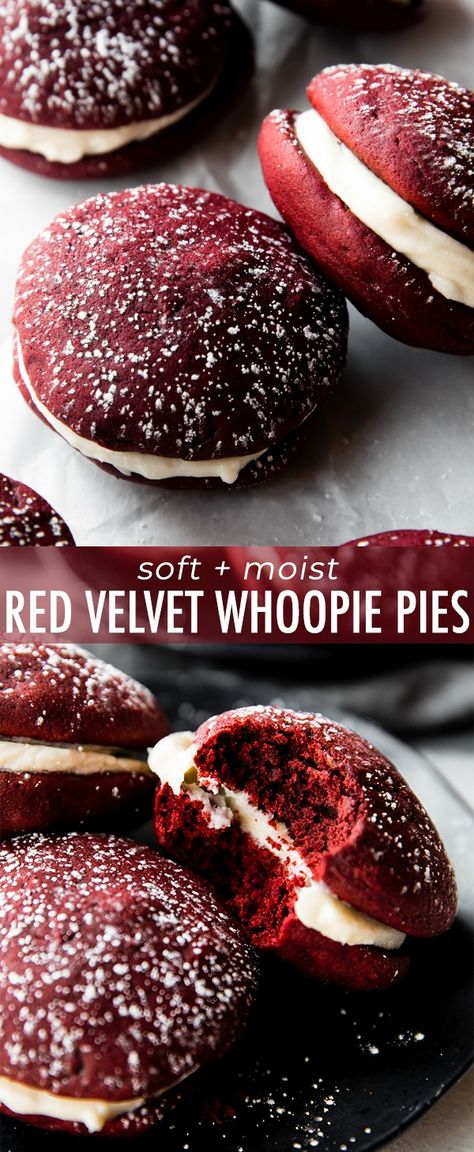 How to make moist and soft red velvet whoopie pies filled with cream cheese filling! Cookie recipe on sallysbakingaddiction.com Whoopie Pies Red Velvet, Cream Cheese Filling For Whoopie Pies, Whoopie Pie Pan Recipes, Whoopy Pie Recipe, Valentines Whoopie Pies, Whoopie Cookie Recipes, Gourmet Whoopie Pies, Red Velvet Gobs, Moist Whoopie Pies