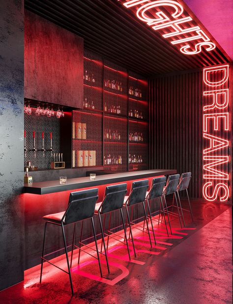 Neon Bar Design, Sports Bar Interior, Nightclub Design Lighting, Neon Cafe, Club Design Interior, Modern Chinese Restaurant, Bar Lounge Design, Hangout Space, Rooftop Restaurant Design