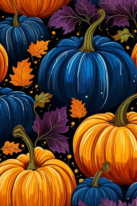 Most Popular Iphone Wallpaper, Cute Fall And Halloween Wallpapers, Pretty Halloween Wallpaper, Color Pumpkins Ideas, Pumpkin Pictures Autumn, Fall Illustration Wallpaper, Fall Screen Savers, Blue Fall Wallpaper, Fall Images Autumn Beautiful