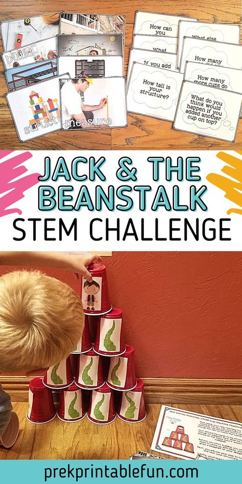 Invite your preschooler to engage in this fun STEM Cup Stacking Challenge! Pair with the classic story of Jack and the Beanstalk, after reading encourage your preschooler to design a building plan and then build a beanstalk for Jack to climb up to the castle! Jack And The Beanstalk Year 1, Jack And The Beanstalk Stem Activities, Jack And The Beanstalk Stem, Jack And The Beanstalk Preschool, Jack And The Beanstalk Eyfs, Eyfs Jack And The Beanstalk, Jack And The Beanstalk Activities, Jack And The Bean Stalk, Stem Kindergarten