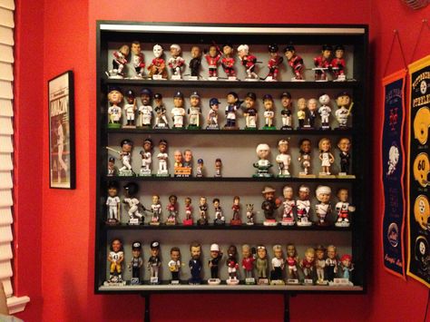 Bobblehead Cabinet | Flickr - Photo Sharing! Bobblehead Display Ideas, Bobblehead Display, Family Cave, Classy Man Cave, Wall Display Case, Memorabilia Display, Patterned Tile Backsplash, Cork Ideas, Head Display