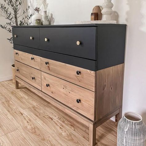 20 IKEA TARVA Hacks to go from Basic to Beautiful 23 2 Tone Furniture, Dipped Furniture Dresser, Trending Furniture Styles 2023, Refinishing A Dresser Ideas, Diy Desk Flip, Trendy Dresser Furniture, Dipped Dresser Makeover, Modern Refinished Furniture, Repurposed Furniture Dressers