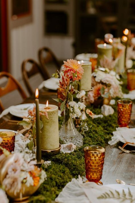 Green Velvet Tablescape, Vintage Decor Party, Moss Wedding Decor Forest Theme, Mossy Wedding Centerpiece, Whimsical Wedding Tablescape, Moss Table Runner Wedding, Ethereal Wedding Centerpieces, Green And White Spring Wedding, Moss Wedding Table Decor