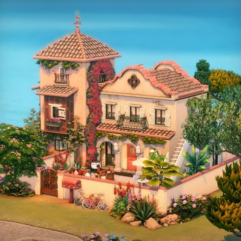 Sims 4 Houses Mediterranean, Spanish Villa Sims 4, Spanish Style Homes Sims 4, Sims 4 Spanish House, Sims 4 Strangerville Build, Sims 4 Spanish Style House, Sims 4 Mediterranean House, Sims Sulani, Sims 4 Tartosa