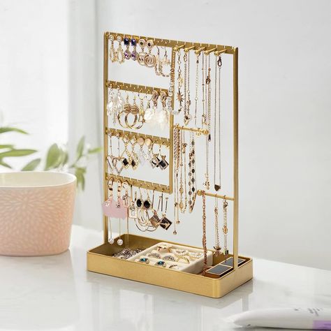 PiQi-Grecge Jewelry Organizer, 4-Tier Earring Organizer with Metal Tray, Jewelry Holder Stand for Necklaces Stud Earrings Bracelets and Rings, Earring Holder (Gold) Jewelry Organizer Stud Earrings, Jewelry Organizer Earrings, Metal Jewelry Holder, Spanish Bedroom, Jewlery Holder, Earrings Organizer, Jewerly Holders, Earring Holder Stand, Jewelry Holder Stand