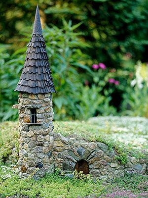 Fairy Castle (Thinking pebble mosaic on a small length of drain pipe?  K would love to help set up!) Fairy Garden Castle, Funny Vine, Fairy Castle, Faeries Gardens, Gnome House, Fairy Garden Houses, Have Inspiration, The Secret Garden, Fairy Doors