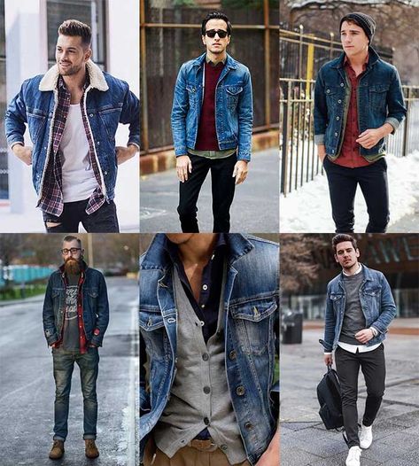 Jeans Jacket Men Outfit, Denim Outfit Ideas For Men, Dark Denim Jacket Outfit Men, Dark Blue Denim Jacket Outfit Men, Men’s Jean Jacket Outfit, Jacket Jeans Outfit Men, Mens Denim Jacket Outfit Street Styles, Blue Jean Jacket Outfits Men, Blue Jeans Jacket Outfit