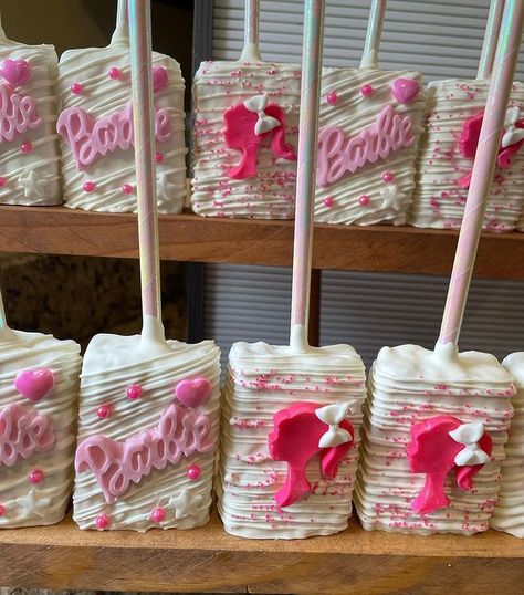 Barbie Birthday Party Dessert Table, Barbie Birthday Party Theme Dessert Tables, Barbie Themed Strawberries, Barbie Pretzel Rods, Barbie Theme Candy Table, Barbie Ice Cream Party, Barbie Theme Dessert Table, Barbie Party Treat Table, Barbie Treat Table Ideas