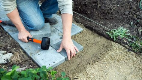 Laying A Patio, How To Lay Pavers, Paver Sand, Paver Steps, Patio Blocks, Pavers Diy, Diy Patio Pavers, Landscape Pavers, Garden Pavers