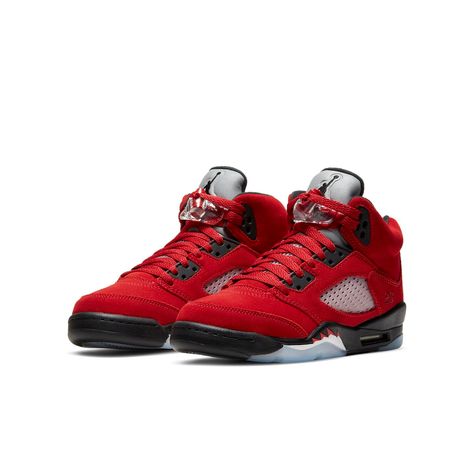 One of the most popular Jordan Retros is back for big kids. The Air Jordan 5 Retro GS ‘Raging Bull’ from the 2009 ‘Raging Bull’ Pack is reissued in soft crimson suede with reflective silver tongue and icy rubber outsole.Additional embellishments include a ‘23’ on the lateral heel and red-tipped shark tooth detailing on the contrasting black midsole. Whether your little one is a seasoned vet or just starting their Jordans collection, this retro sneaker is sure to be a hit. Jordan Model, Raging Bull, Jordan 5 Retro, Air Jordan 5 Retro, Air Jordan 5, Jordan 5, University Blue, Mens Trainers, Red Suede