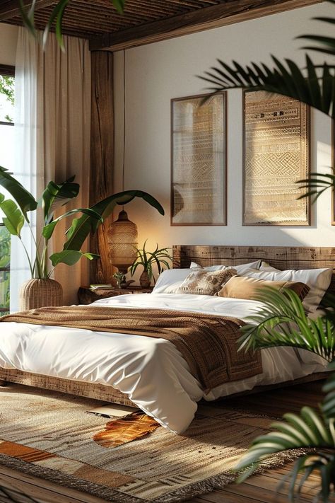 29 Afrohemian Decor Bedroom Ideas for a Captivating Retreat 23 Bedroom African Style, Bedroom Decor Natural Earthy, Earthy Colors Bedroom, African Room Decor Ideas, Greenery Bedroom Ideas, African Bedroom Ideas, African Style Bedroom, Afrohemian Style, Earthy Interior Design