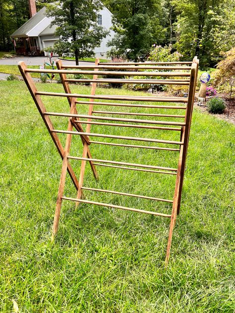 "~ Here is a very large wooden clothes drying rack, though it's not perfect. The last two pictures shows the break that is on it. One of the arms, if you will is broken and it won't then hold two of the rods or dowels. ~ Size ~ 48 1/2\" high x 38 1/2\" wide x 33 3/8\" deep. ~ Contact me with any questions and thanks for looking. I have many other vintage goodies in my shop, check it out!" Antique Drying Rack, Wooden Clothes Drying Rack, Wooden Clothes Rack, Wooden Drying Rack, Laundry Rack, Wooden Rack, Vintage Laundry, Clothes Drying, Clothes Drying Racks