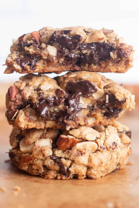 Thick and Chewy Cowboy Cookies with Toasted Almonds Jacque Torres Cookies, Sourdough Cowboy Cookies, Oversized Cookie Recipes, Thick Chewy Cookies, Thick Bakery Style Cookies, Chewy Cowboy Cookies, Oversized Cookies, Tall Cookies, Boyfriend Cookies