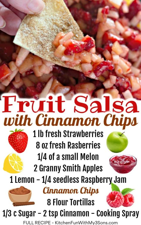 Fruit Salsa Recipe, Peach Salsa Recipes, Cinnamon Sugar Tortillas, Cinnamon Tortilla Chips, Cinnamon Tortillas, Cinnamon Chips, Fruit Salsa, Chips And Salsa, Baked Chips