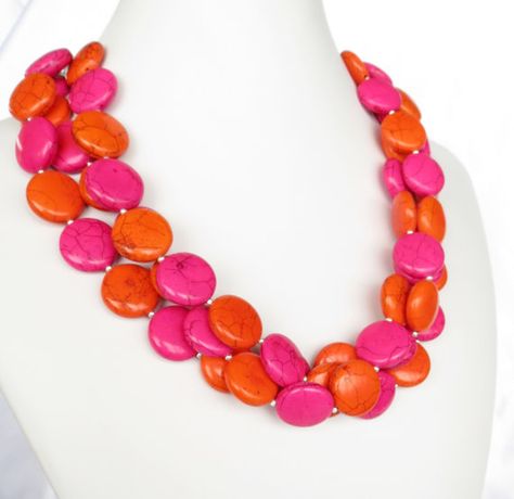 Hot Pink & Orange Turquoise Necklace - Fuchsia Statement Necklace - Summer Jewelry - Hot Pink and Orange Necklace - Fashion Trend 2013 Luxury Statement Red Coral Necklace, Luxury Orange Hand-strung Beaded Necklaces, Red Coral Hand-strung Necklace, Luxury Hand-strung Red Coral Beaded Necklaces, Handmade Multi-strand Red Coral Necklace, Orange Jewelry, Orange Necklace, Orange And Turquoise, Fuchsia Color