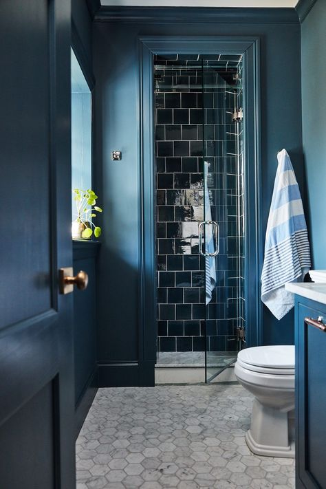 Shower Accent Tile, Dark Blue Tile, Dark Blue Bathrooms, Moody Bathroom, Shower Surround, Bathroom Top, Bathroom Trends, Blue Bathroom, Blue Tiles