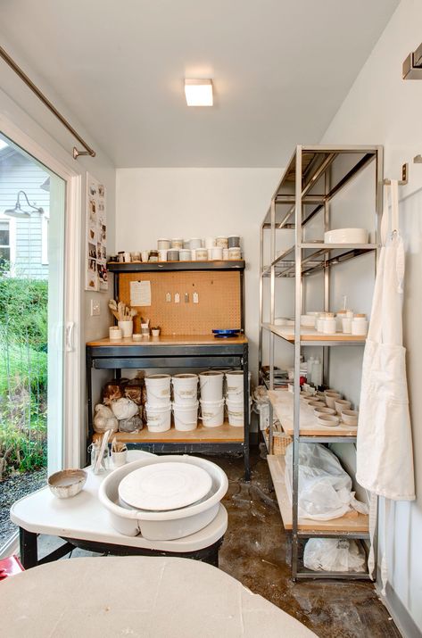 Ceramic Studio Setup, Kiln Room Ideas, Outside Pottery Studio, Pottery Studio Essentials, Small Space Pottery Studio, Ceramic Room Ideas, Pottery Room At Home, Small Home Pottery Studio Setup, Home Clay Studio