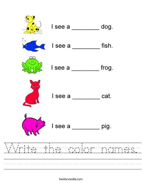 Write the color names Worksheet - Twisty Noodle Colours Name Worksheet, Color Words Kindergarten, Colours Name For Kids, Phonics Worksheets Grade 1, Urdu Poems For Kids, Colours Name, Colors In Spanish, Counting Money Worksheets, Money Math Worksheets