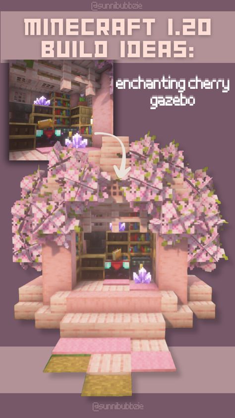 Guest House Minecraft, Minecraft Hub Design, Cherrywood Minecraft Builds, Minecraft Houses Magical, Minecraft Sakura House Interior, Minecraft 1.20 Builds Cherry Blossom, Cherry Blossom Staircase Minecraft, Cherry Blossoms Minecraft Build Ideas, Cherry Blossom Enchantment Room Minecraft