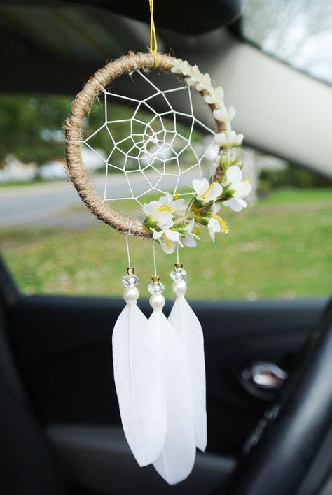 White Ragweed Car Dreamcatcher: Boho Dream Catcher for Car | Etsy Car Dreamcatcher, Dream Catcher Bedroom, Dream Catcher For Car, Dream Catcher Keychain, Atrapasueños Diy, Car Cute, Boho Car Accessories, Dream Catcher Tutorial, Boho Dream Catcher