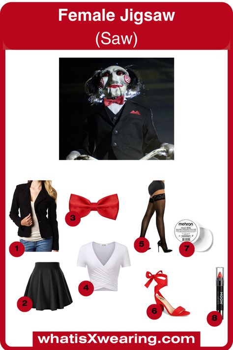 This Female Jigsaw outfit is a hot and easy Halloween costume idea that anyone can make at home. Click on the link to discover our step-by-step cosplay guide, plus 100s more fun Halloween costume ideas. Halloween Costumes With Stuff From Home, Diy Jigsaw Costume Women, Jigsaw Outfit, Jigsaw Costume Women Outfit, Female Jigsaw Costume, At Home Costume Ideas, Saw Costume Female, Saw Halloween Costume Women, Halloween Costumes At Home