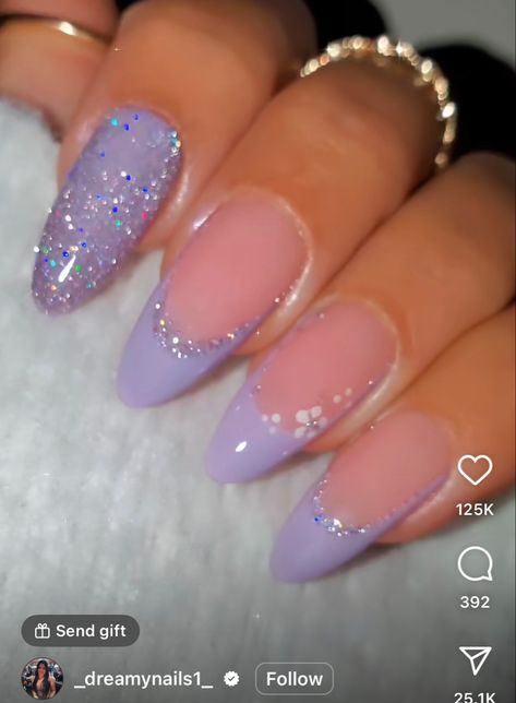 Purple Nail Tip Designs, Speak Now Nail Ideas, Euphoria Themed Nails, Sparkly Nail Designs Glitter, Prom Nails For Purple Dress, Nails For 15 Birthday, Nails For Sweet 16, Purple Nails For Prom, Cute Nails Purple