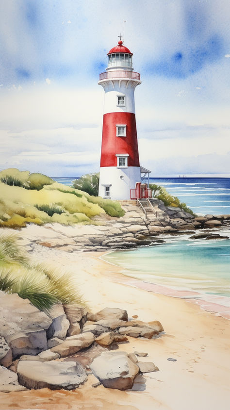 Embrace the peaceful radiance and guiding comfort of a lighthouse Lighthouses Watercolor Painting, Lighthouse Beach Painting, Painting Of A Lighthouse, Lighthouse Watercolor Painting Tutorial, Light Houses Painting, Beach Hut Painting, Lighthouse Acrylic Painting, Lighthouse Painting Easy, Lighthouses Painting