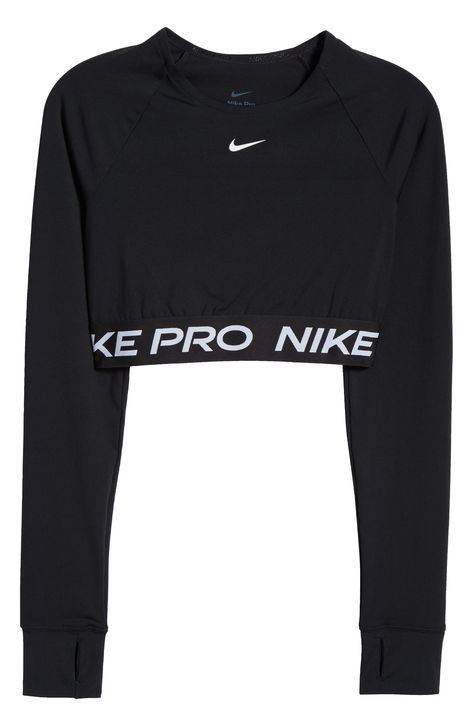 Nike Pro lettering details the stretchy, cropped hem of a second-skin top designed with sweat-wicking Dri-FIT tech that helps you stay dry and comfortable. 13 1/2" length (size Medium) Crewneck Long sleeves with thumbhole cuffs Dri-FIT moisture-wicking technology 83% polyester, 17% spandex Machine wash, dry flat Imported Nike Pro Top, Nike Pro Leggings Outfit For School, Nike Set Outfits Women, Nike Workout Outfits, Nike Clothes Women, Nike Pros Outfit, Nike Fits, Nike Women Outfits, Nike Stuff