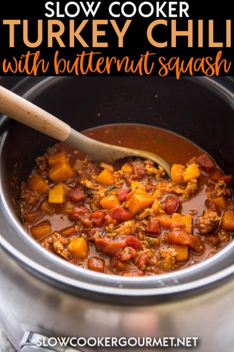 Chili With Butternut Squash, Butternut Squash Slow Cooker, Chili Turkey, Healthy Chili Recipe Turkey, Squash Chili, Turkey Chili Crockpot, Cozy Food, Butternut Squash Chili, Slow Cooker Turkey Chili