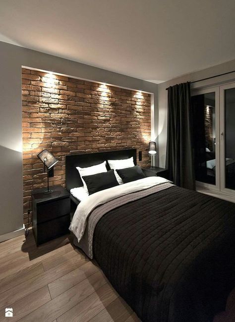 Modern Bedroom Decor with Black Bedding and Brick Wall Rustic Bedroom Inspiration, Brick Wall Bedroom, Room Decor For Men, Mens Room Decor, Cool Room Decor, A Brick Wall, تصميم للمنزل العصري, Mens Bedroom, Dekorasi Kamar Tidur