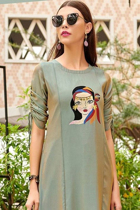 Kurtis Sleeves Design, Sleeves Design For Kurtis, Printed Kurti Designs, Kurti Sleeves Design, Hand Painted Dress, Designer Kurti Patterns, Simple Kurti Designs, Kurti Designs Latest, Long Kurti Designs