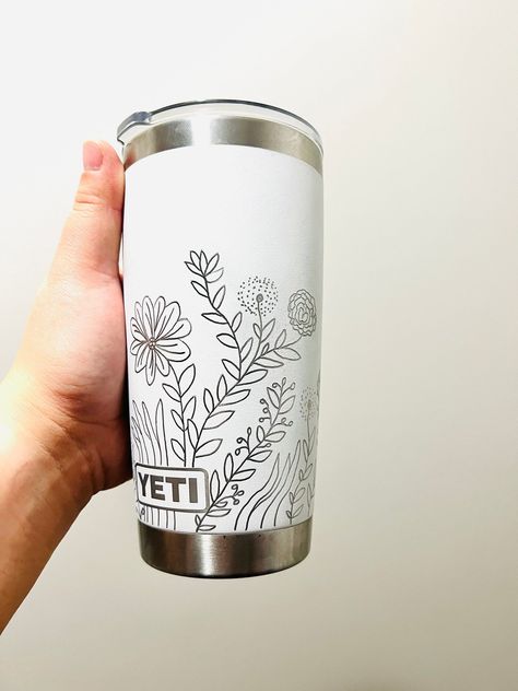 20 oz floral tumbler with hand drawn floral design. Custom engraved with your name or message. #floraltumbler #tumbler #customtumbler . #Etched_Water_Bottle_Design #Mug_Engraving_Ideas #Etched_Yeti_Tumbler #Cricket_Tumbler_Ideas Name Tumbler Ideas, Etched Tumbler Ideas, Custom Hard Hats, Custom Car Stickers, Custom Wall Stickers, Hard Hat Stickers, Engraving Ideas, Custom Vinyl Stickers, Hand Drawn Floral