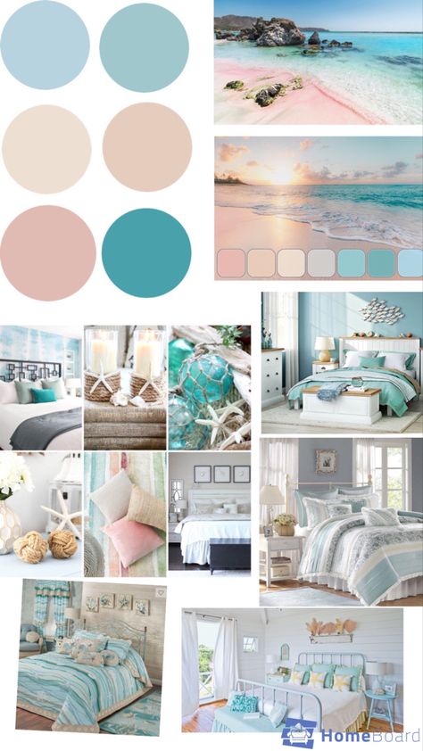 Bedroom Decor Beach Coastal Style, Seashore Bedroom Ideas, Pastel Beach House Decor, Coastal Art Painting Beach Themes, Beach Cottage Style Interior, Beach Aesthetic Home Decor, Florida Themed Room, Coastal Bedroom Color Palette, Beach Room Colors