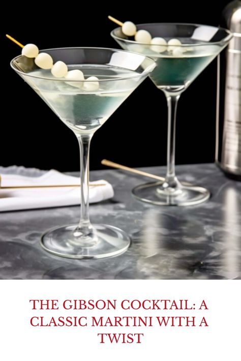 The Gibson cocktail is a classic Martini variation. The difference is the garnish: the Gibson calls for a skewer of cocktail onions. Gibson Cocktail Recipe, Gibson Cocktail, Martini Variations, Gibson Martini, Martini With A Twist, Cocktail Onions, Classic Martini, Gin Recipes, Happy Hour Drinks