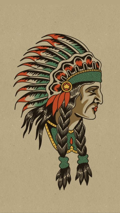 Traditional Chief Tattoo, Indian Traditional Tattoo, Traditional Native American Tattoos, Native American Tattoo Flash, Traditional Indian Tattoo, Traditional Tattoo Indian, Indian Head Tattoo, Classic Style Tattoo, Indian Chief Tattoo