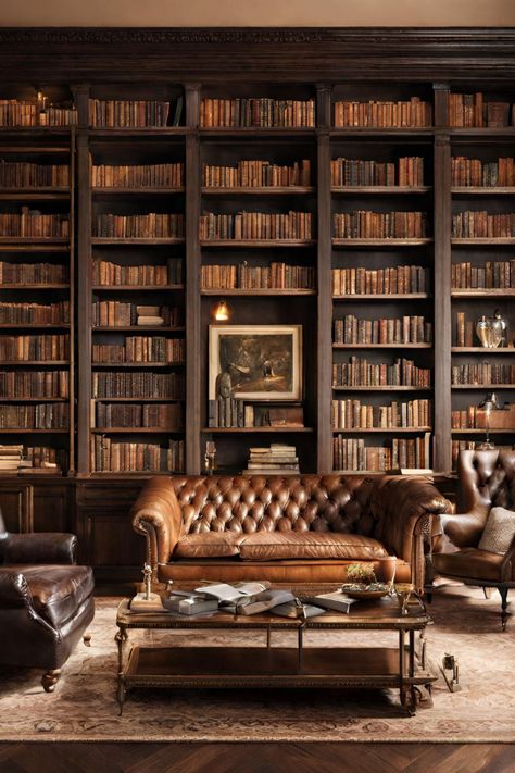 Library Man Cave, Man Cave Library Study, Mini Library At Home, Colonial Library, Luxury Library, Luxury Home Library, Moody Library, Library Lounge, Dark Academia Interior