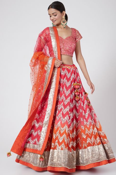 Featuring a pink ombre lehenga in georgette base with sequins, beads, and gota embroidery. It is paired with a matching blouse and a dupatta.   FIT: Fitted at bust and waist. COMPOSITION: Georgette. CARE: Dry clean only. Ombre Lehenga, Gota Embroidery, Colored Mirror, Ombre Wedding, Embroidered Lehenga, New Address, Embroidered Wedding, Wedding Lehenga, Indian Fashion Designers