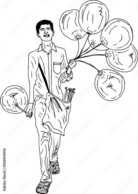 Download Balloon seller cartoon doodle character, balloon saller village boy clip art silhouette, Indian boy selling balloons sketch drawing illustration  Stock Vector and explore similar vectors at Adobe Stock. Balloon Seller Drawing, Balloons Sketch, Boy Clip Art, Balloon Seller, Village Boy, Clip Art Silhouette, Boy Sketch, Doodle Characters, Cartoon Doodle