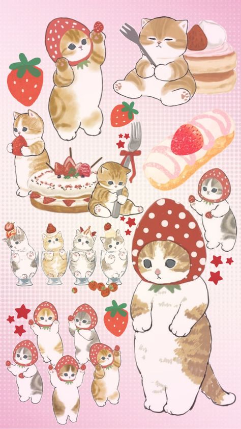 #strawberry #cat #juminocore #coquette #cottagecore #red #redaesthetic #pink #pinkaesthetic #cats #art Cottagecore Prints, Strawberry Cat, Coquette Cottagecore, Pink Wallpaper Girly, Hello Kitty Drawing, Hello Kitty Iphone Wallpaper, Cat Icon, Cats Art, Iphone Wallpaper Girly