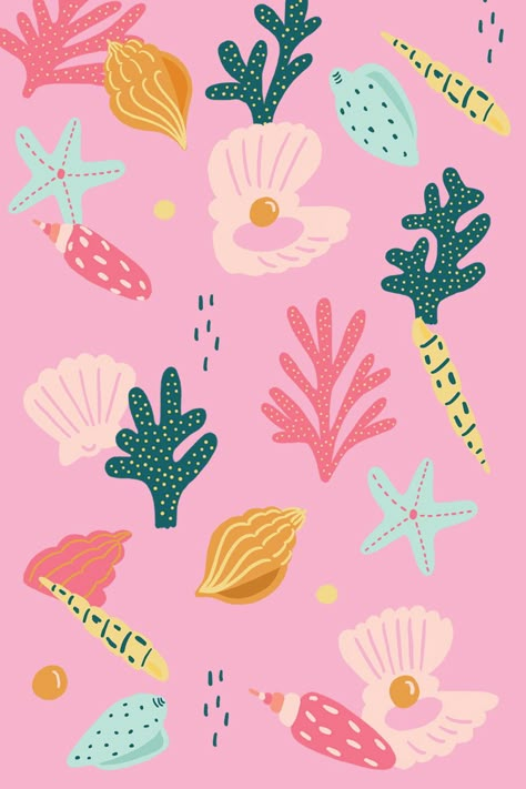 Beach Pattern Wallpaper, Colour Pattern Design, Illustrated Pattern, Beach Pattern Design, Beach Illustration Art, Shells Illustration, Beach Illustration Design, Sea Wallpaper Illustration, Summer Prints Pattern