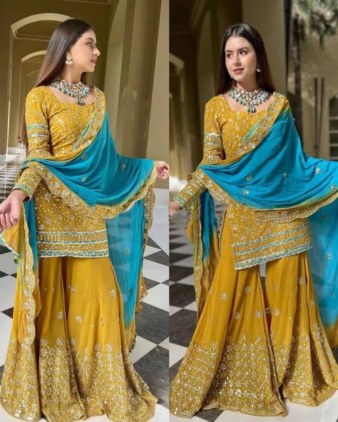 Yellow Sharara Suits, Punjabi Sharara Suits, Yellow Sharara, Function Dresses, Sharara Suits, Kurti Patterns, Punjabi Dress, Pakistani Fancy Dresses, Sharara Suit