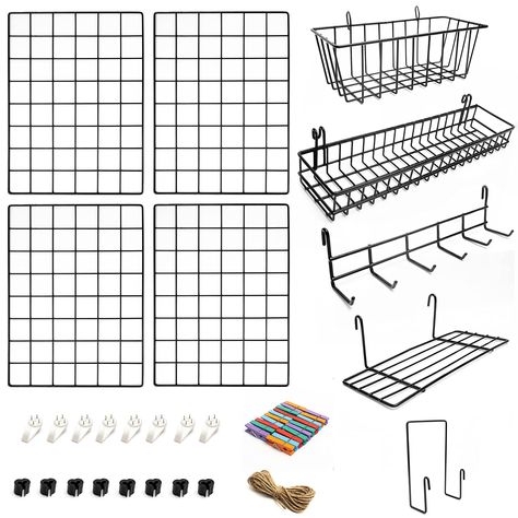 Wire Grid Wall, Organizing With Baskets, Letter Sorter, Wire Board, Wall Grid, Hanging Wall Baskets, Crochet Metal, Grid Wall, Grid Panel