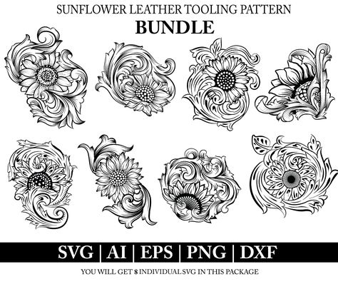 Sunflower Leather Tooling Pattern, Sunflower Leather Tooling, Leather Tooling Patterns Printable, Belt Svg, Laser Cut Flower, Western Svg, Svg Western, Custom Leather Belts, Leather Tooling Patterns