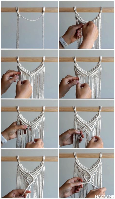 Boho Flower Wall Hanging, How To Make Woven Wall Hangings, Macrame Circle Wall Hanging Diy, Macrame Triangle Tutorial, Macrame Tutorial Wall Hanging, Macrame Wall Hanger Pattern, Small Macrame Projects Tutorial, Macrame Tutorial Video, Macrame Wall Hanging Patterns Tutorials