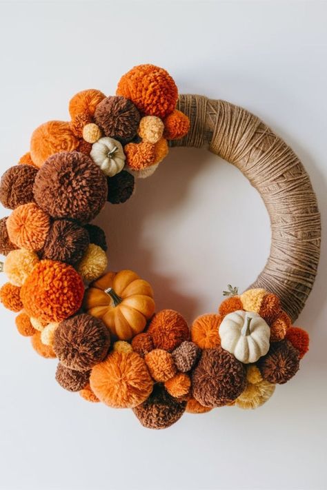 20 Pumpkin Wreath DIY [For Every Occassion] Autumn Pom Pom Wreath, Homemade Fall Wreath, Autumn Wreaths Diy, Diy Door Wreaths, Autumn Wreath Ideas, Diy Pom Pom Wreath, Fall Wreaths Diy, Diy Autumn Decor, Interesting Door